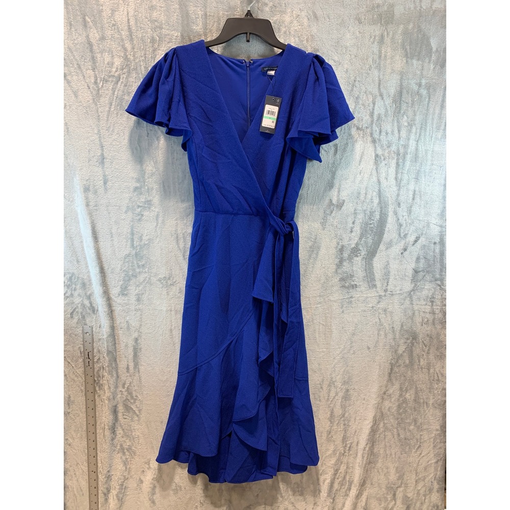 Tommy Hilfiger Cobalt Blue Flutter Sleeve Ruffle Faux Wrap Dress 8 A4AC1AEN
